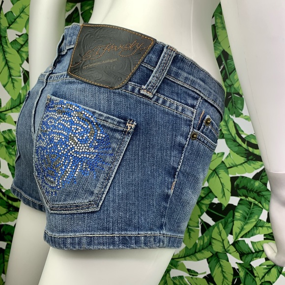 Y2K Ed Hardy Jean Short Shorts Size 27 Rhinestone Tiger Low Rise Daisy Dukes - Picture 1 of 11